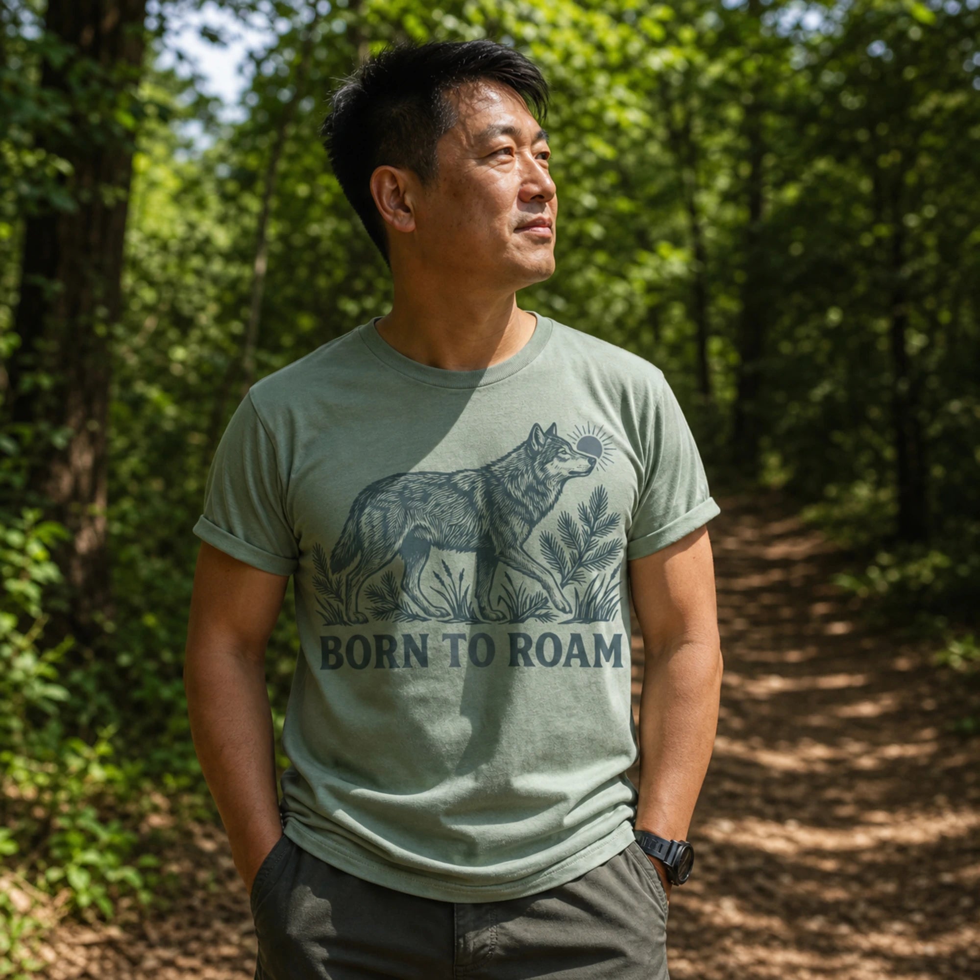 A man standing on a forest path wearing a sage green graphic t-shirt with a wolf illustration and the text 'BORN TO ROAM'.
