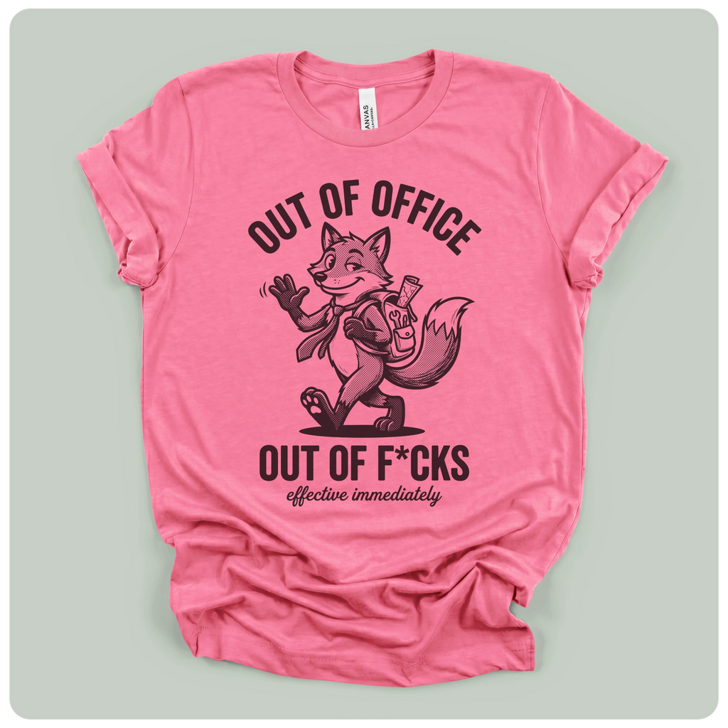 Bright pink Anvil short sleeve tee with fox wearing tie and backpack art
