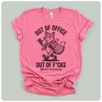Bright pink Anvil short sleeve tee with fox wearing tie and backpack art