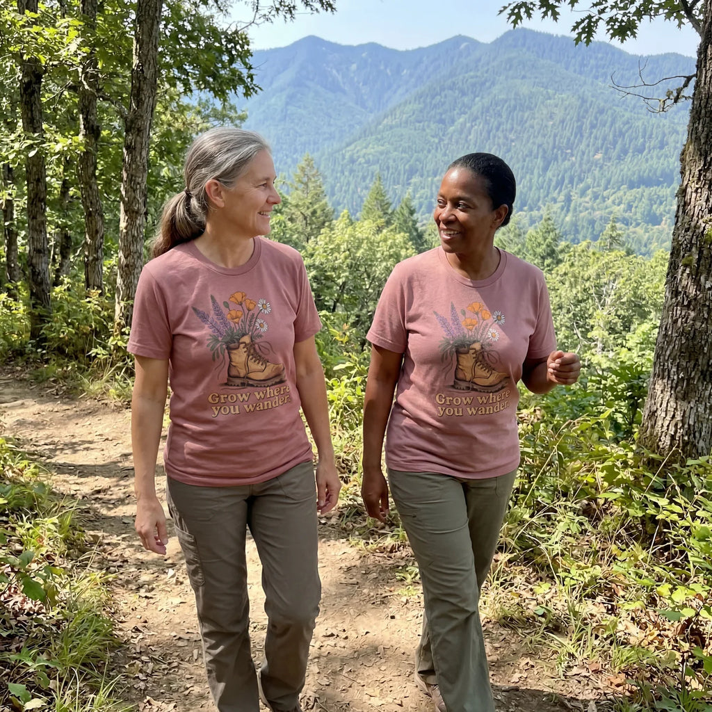 Two women hiking in dusty rose boot and wildflowers graphic t-shirts