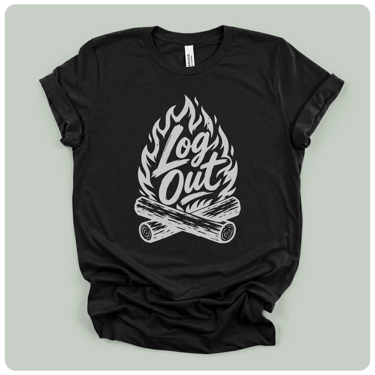 A black short-sleeve t-shirt with a white graphic print of a campfire and the words 'Log Out' in script, laid flat on a light gray background.