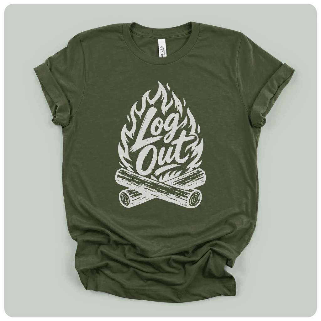 An olive green short-sleeve t-shirt with a white graphic print of a campfire and the words 'Log Out' in script, laid flat on a light gray background.