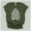 An olive green short-sleeve t-shirt with a white graphic print of a campfire and the words 'Log Out' in script, laid flat on a light gray background.