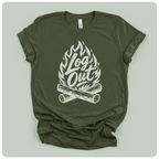 An olive green short-sleeve t-shirt with a white graphic print of a campfire and the words 'Log Out' in script, laid flat on a light gray background.