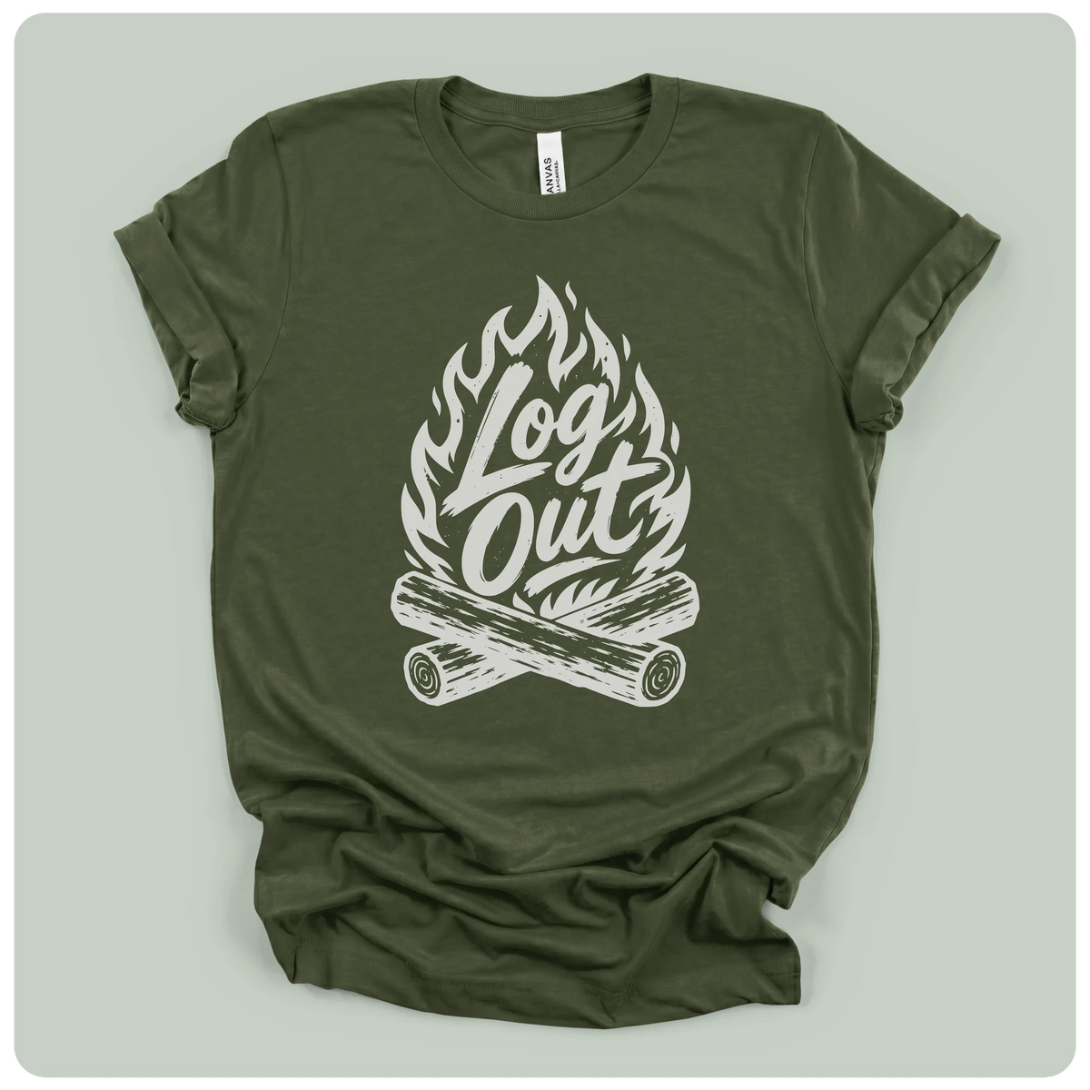 An olive green short-sleeve t-shirt with a white graphic print of a campfire and the words 'Log Out' in script, laid flat on a light gray background.