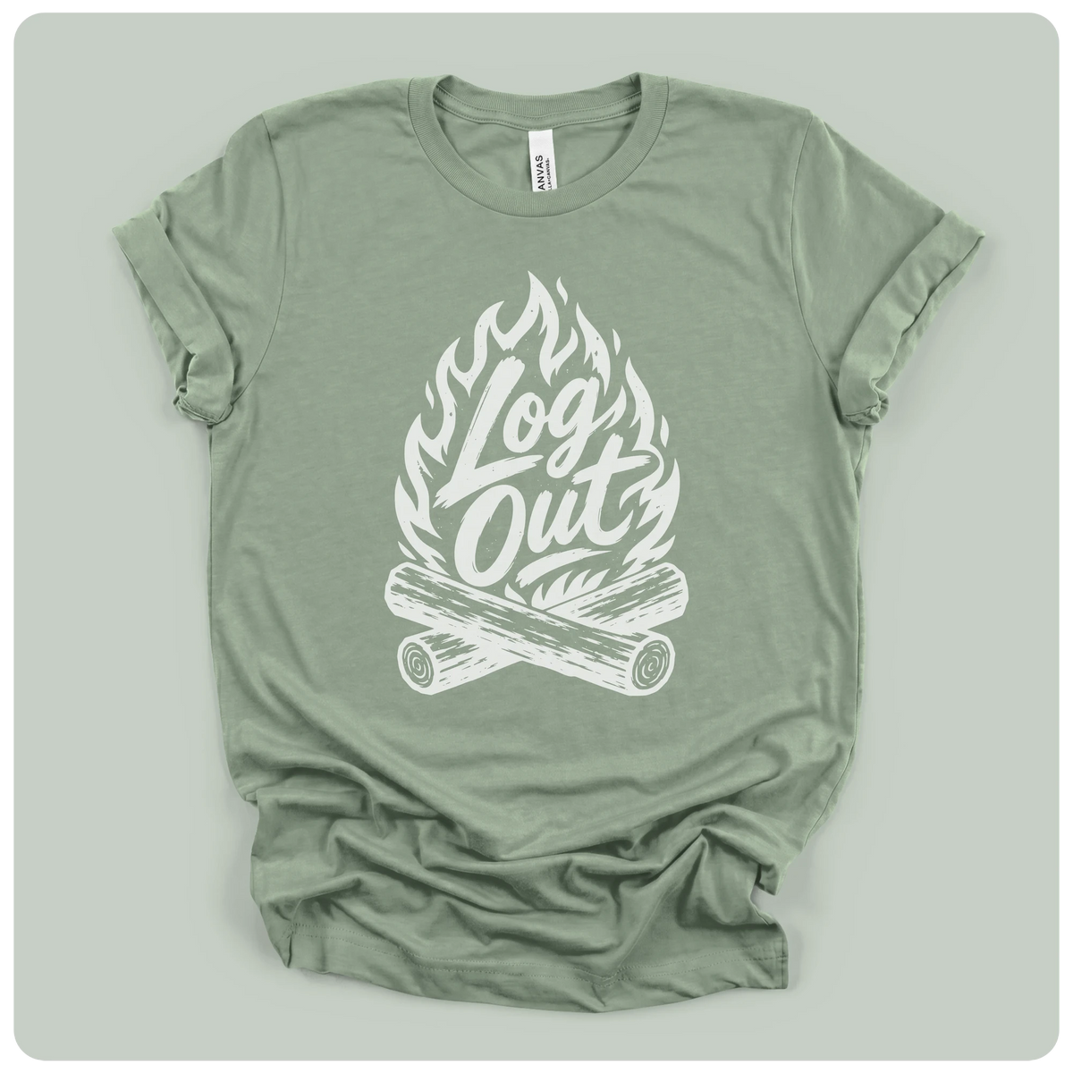 An olive green short-sleeve t-shirt with a white graphic print of a campfire and the words 'Log Out' in script, laid flat on a light gray background.