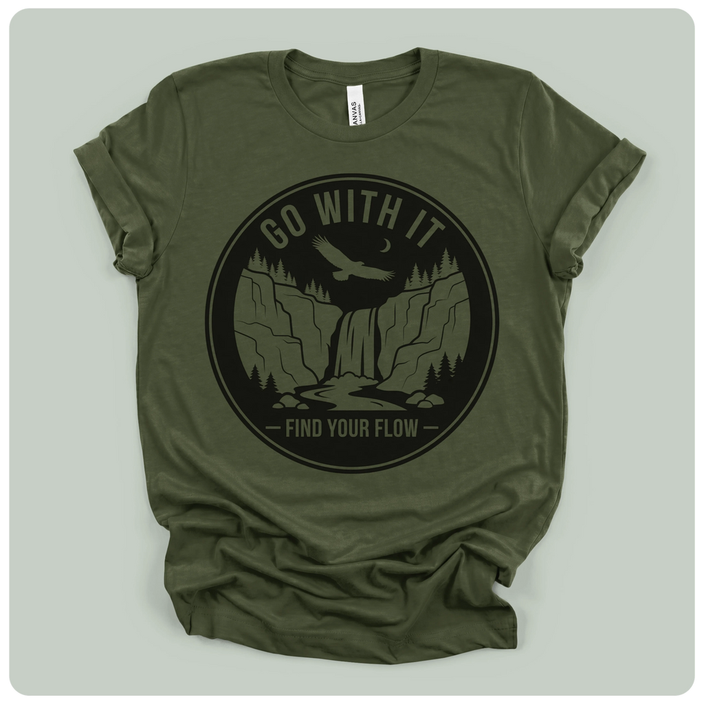 Olive green soft cotton t-shirt with eagle and waterfall artwork