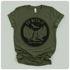 Olive green soft cotton t-shirt with eagle and waterfall artwork