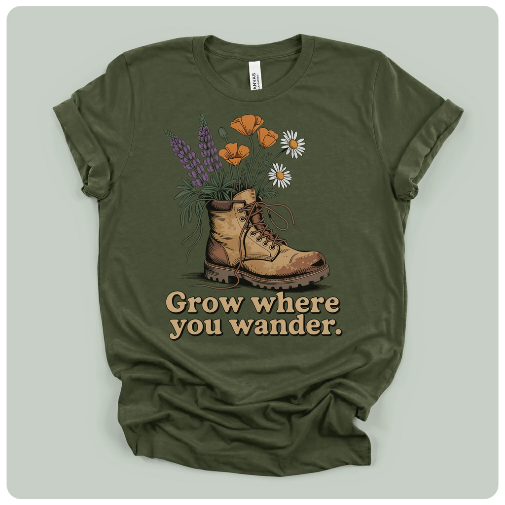 Olive green Canvas hiking t-shirt with boot and wildflowers graphic