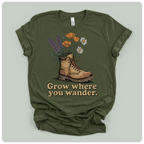 Olive green Canvas hiking t-shirt with boot and wildflowers graphic