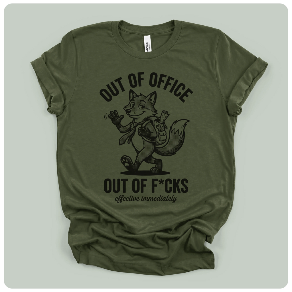 Olive green Anvil cotton t-shirt with fox illustration and humorous slogan