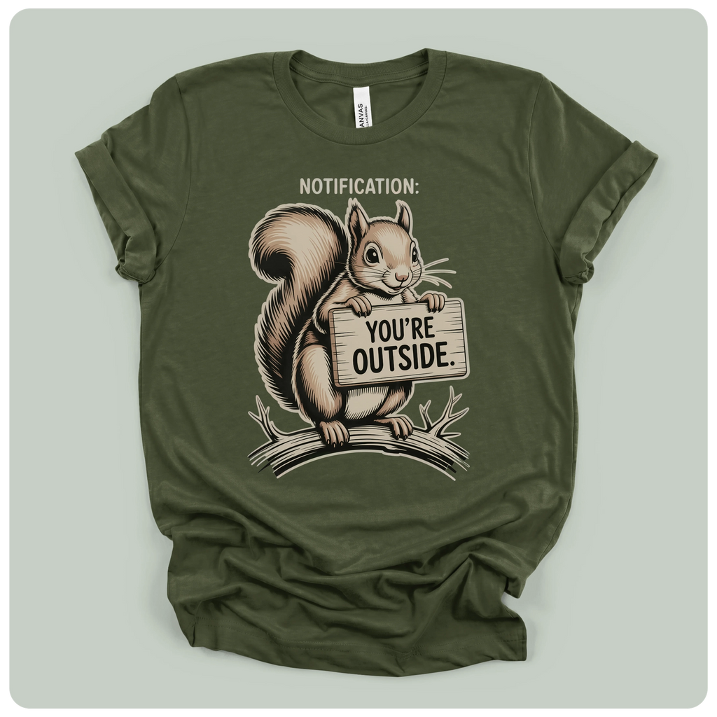 Olive green heathered t-shirt with squirrel and wooden sign graphic