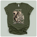 Olive green heathered t-shirt with squirrel and wooden sign graphic