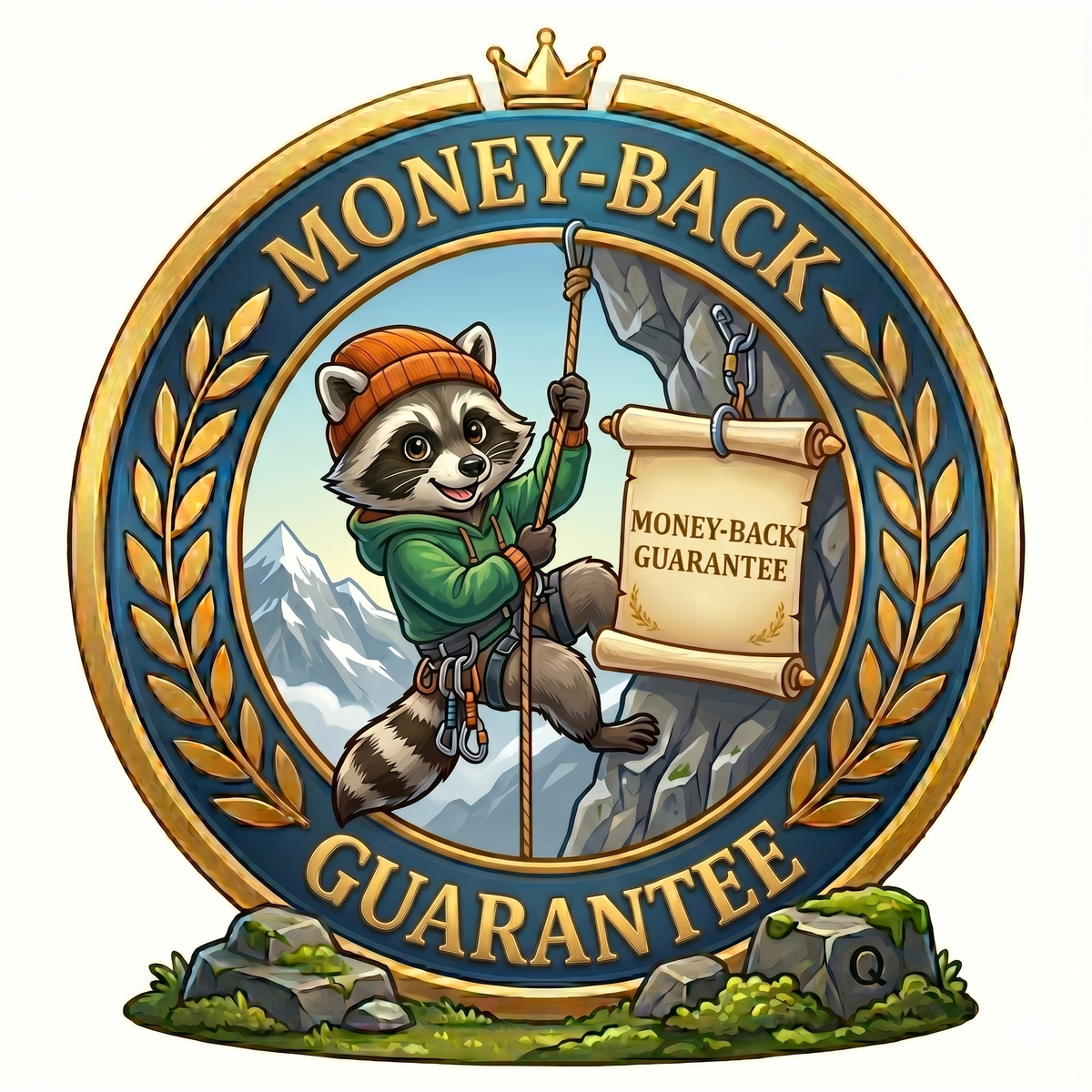 Logo with a raccoon character holding a scroll, surrounded by decorative elements on a white background.