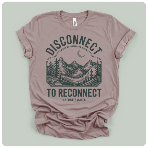 Dusty rose Disconnect to Reconnect graphic tee with mountain landscape print