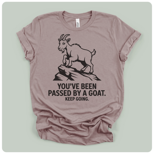 Heathered mauve crew neck t-shirt showing detailed goat graphic and side-seamed construction