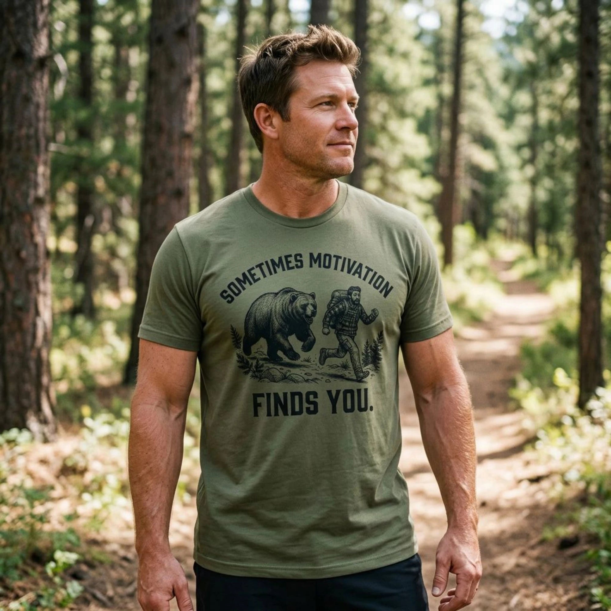 A man standing in a forest wearing an olive green graphic t-shirt with a black print of a bear, a person, and the text 'SOMETIMES MOTIVATION FINDS YOU.'.