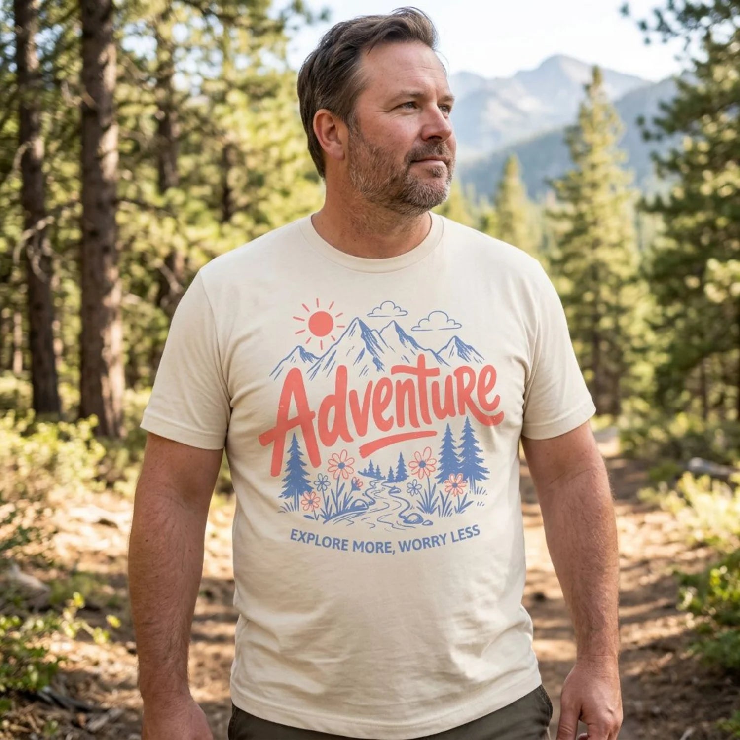 A man wearing a cream-colored graphic t-shirt with a red and blue mountain design that reads 'Adventure Explore More, Worry Less', standing in a forest with mountains in the background.