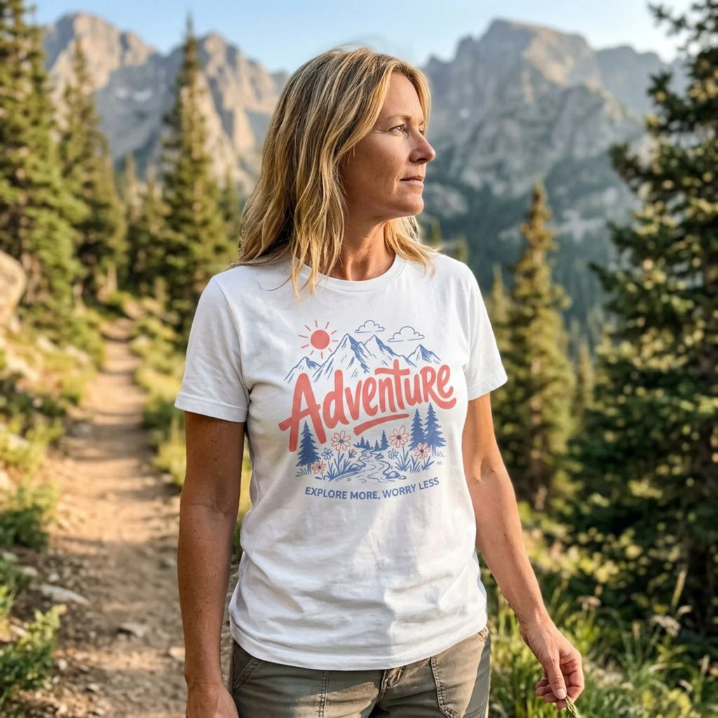 A woman standing on a mountain trail wearing a white graphic t-shirt with a red and blue 'Adventure' design, set against a background of pine trees and rugged mountains.