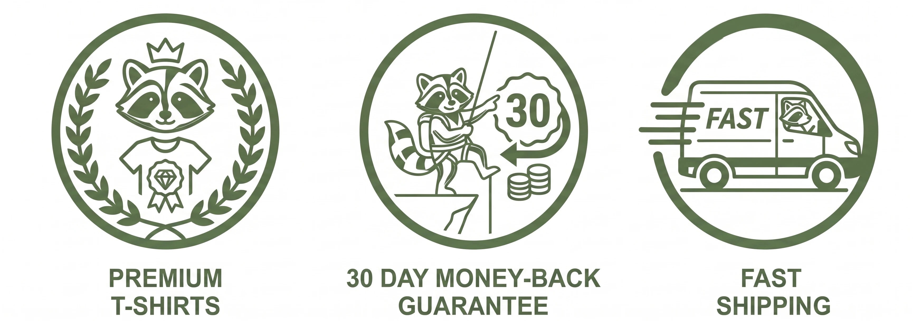 Three green icons with text describing premium t-shirts, a 30-day money-back guarantee, and fast shipping.