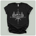 A black short-sleeve crewneck t-shirt with a white graphic print of a compass rose, mountains, pine trees, and a sun, with the text 'W UNPLUG. RESET.